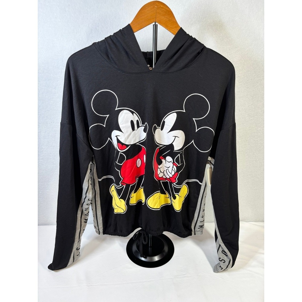 Disney Mickey Mouse Graphic Hoodie Black Grey SideStripe Drawstring Hem XL 15-17